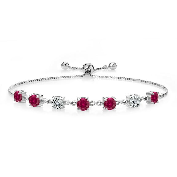 Gem Stone King 925 Sterling Silver Round Red Created Ruby and White Lab Grown Diamond Tennis Bracelet for Women (5.01 Cttw, Fully Adjustable up to 9 inch)