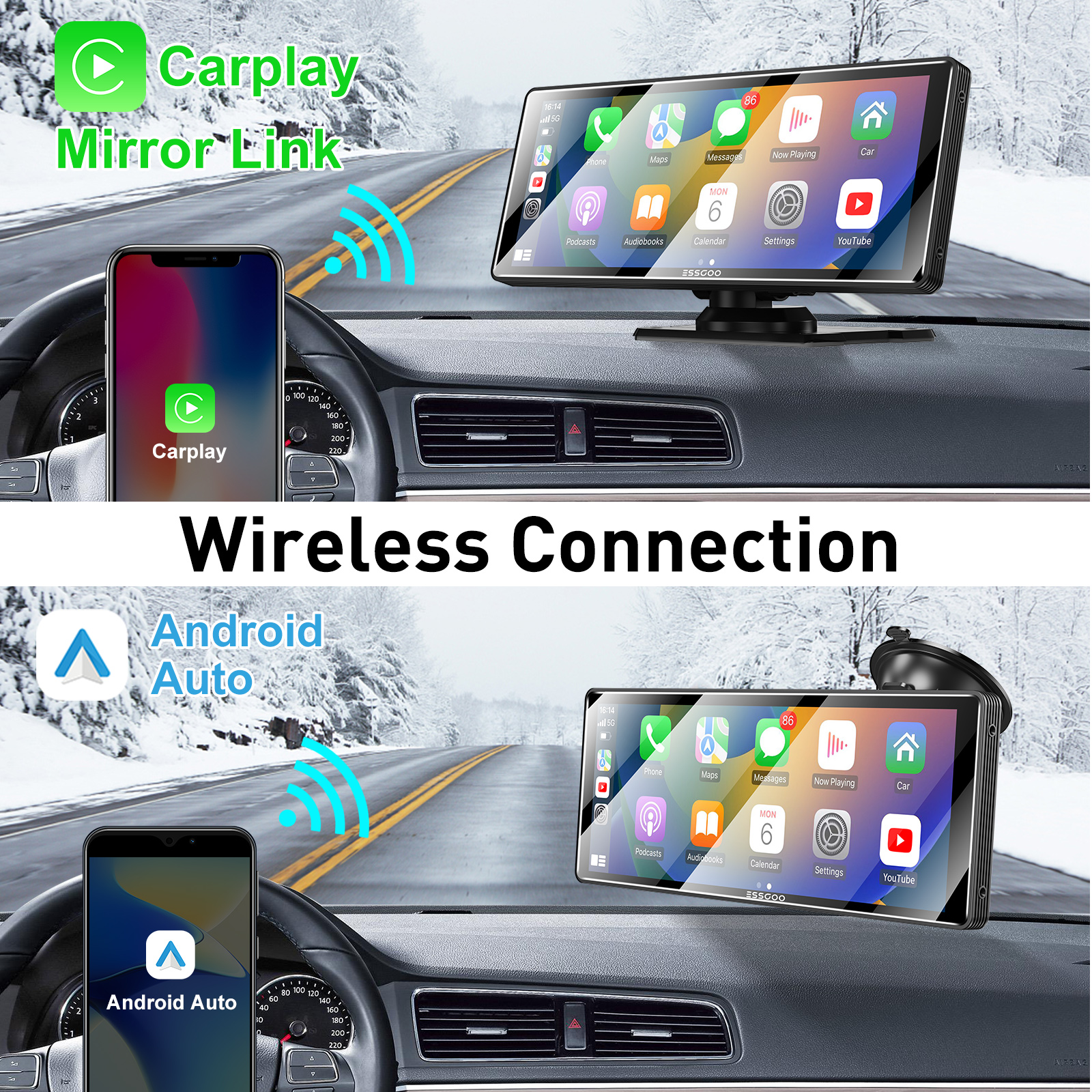 ESSGOO 10.26" Full HD Wireless Car Stereo: Apple CarPlay & Android Auto, Magic Link Screen Mirroring, GPS Navigation, Dual Bluetooth 5.0, AUX/FM Audio – Universal 7-32V for Cars, Trucks, RVs