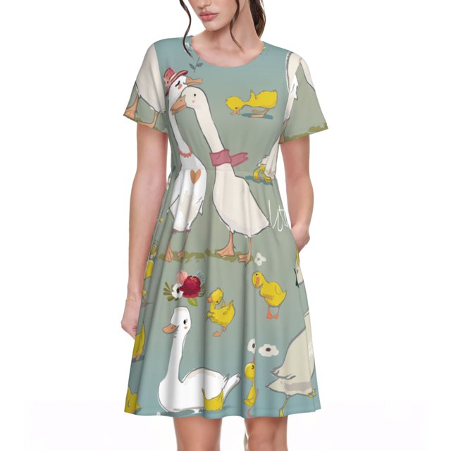 Disketp Cute Farm Birds para Vestido de Manga Corta para Mujeres, Vestidos de Verano para Mujeres, Casual y Holgado para la Playa