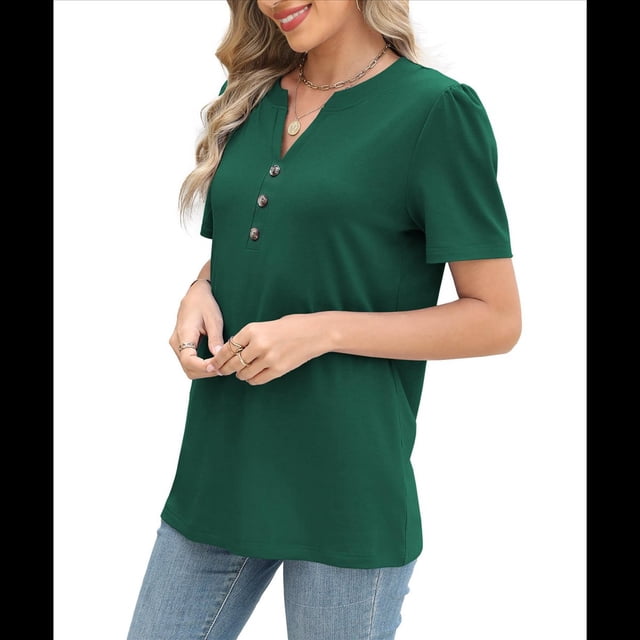 Top de Verano para Mujer, de Corta, Holgado, con Botones Retorcidos, Color Liso, Verde Bosque Talla M