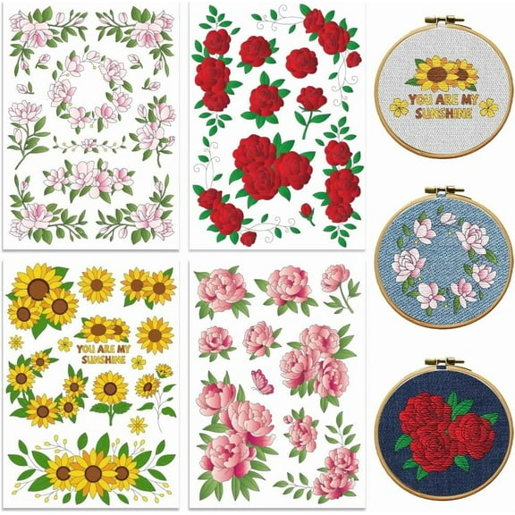 Water Soluble Embroidery Patterns with Color for Beginners Various of Flowers 4 Sheets with 46pcs Wash Away Embroidery Pattern Stabilizer for Hand Sewing Women Adults for DIY
