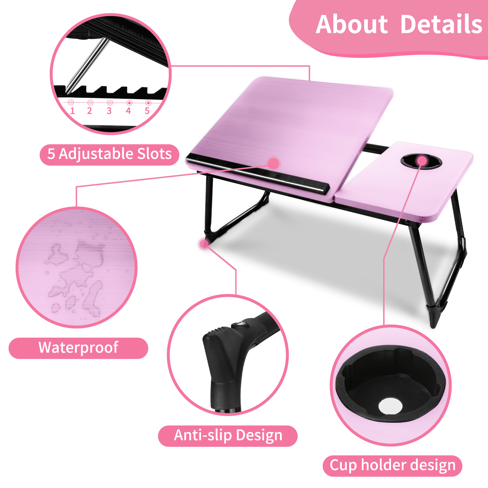Laptop Bed Tray Table, WLRETMCI Foldable Lap Desk for Bed and Sofa, Laptop Desk Notebook Stand for Eating Breakfast, Reading,Pink
