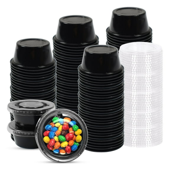 Klex 2 Oz Disposable Plastic Portion Cups with Lids for Sauce, Microwave & Freezer Safe, Black/Clear, 2000 Sets