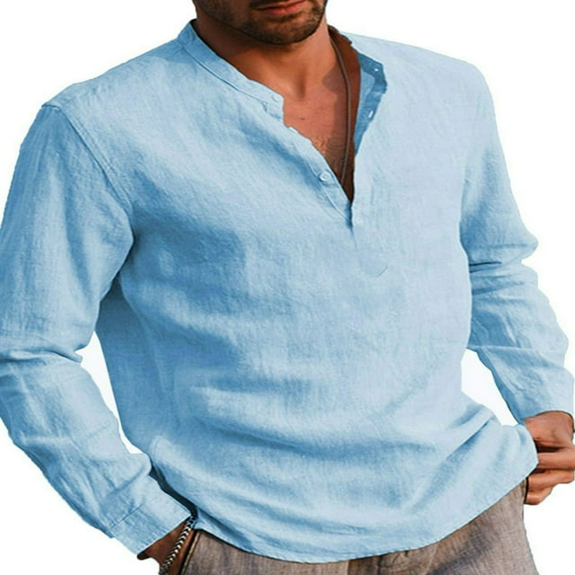 Mens Long Sleeve Button T Shirts Casual Plain Pullover Tops Loose Basic Tee