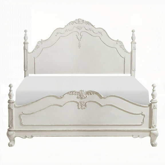Traditional Victorian Style Antique White Full Bed - 1pc Bedroom Furniture Featuring Floral Motif Carving and Gray Rub-Through from Vietnam