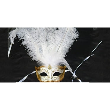 Kbw Women's Winter Wonderland Middle Feathers Venetian Mask White&Gold