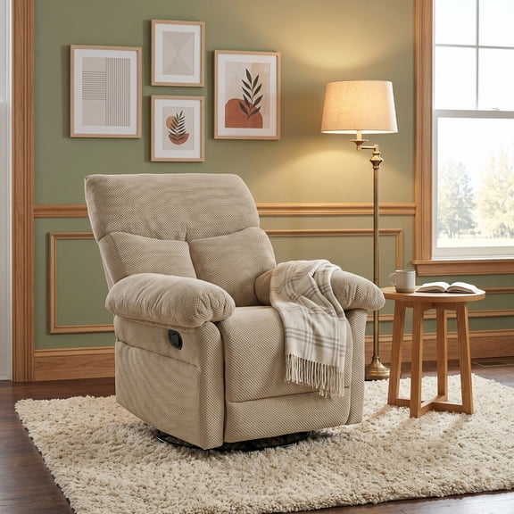 MOONMISS Modern Swivel Rocker Recliner Chair, Manual Overstuffed Recliner with Textured Fabric for Living Room and Nursery,Beige