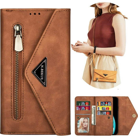 CCSamll Crossbody Wallet Case for Samsung Galaxy S25 5G for Women, Zipper Pocket Purse Handbag Neck Strap Lanyard Cover with 9 Card Slot Holder Case for Samsung S24 / S25 XK Brown