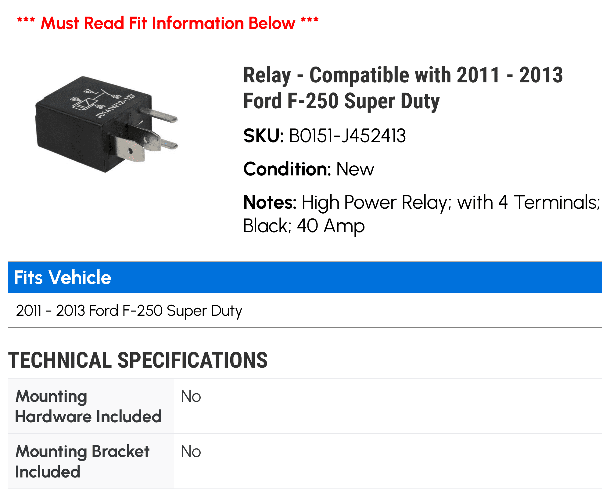 Relay - Compatible with 2011 - 2013 Ford F-250 Super Duty 2012