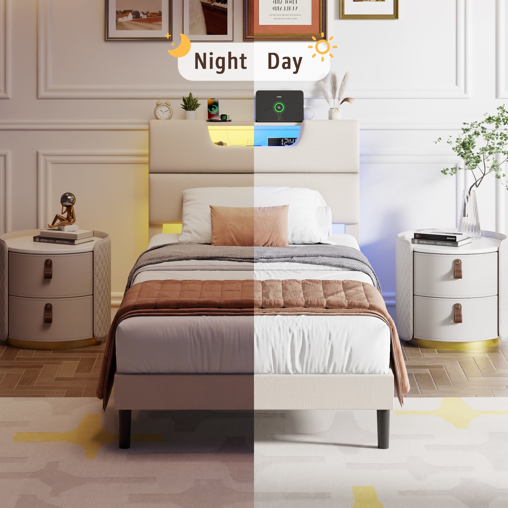 Tydimor Beige Fine Linen Fabric Bed Frame with LED Lights & Charge Station, Twin Size Bed Frame with Upholstered Headboard, No Box Spring Needed