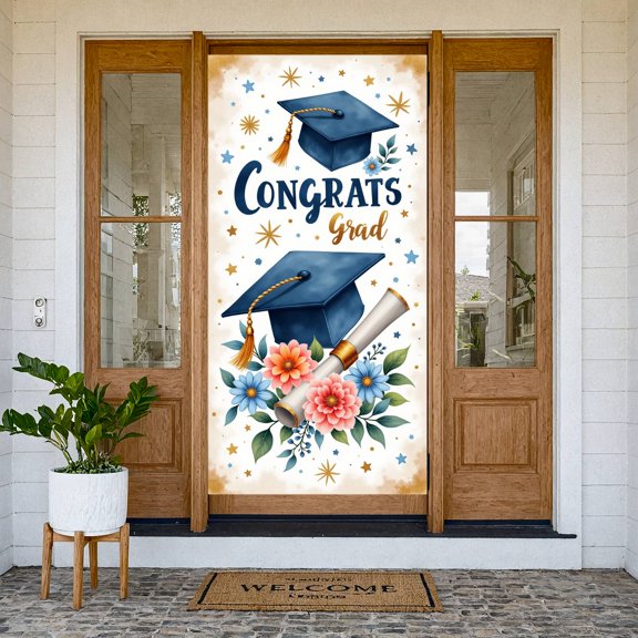 Gold Glitter Text Graduation Banner Red Bow Decor Graduation Backdrop Star Pattern Ribbon Accent Graduation Display for Graduation Party High School Grad College Grad
