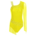 thumbnail image 3 of TiaoBug Women Rhinestone Gymnastics Leotard One Shoulder Long Sleeve Tassel Figure Skating Costume Fluorescent Yellow S, 3 of 5