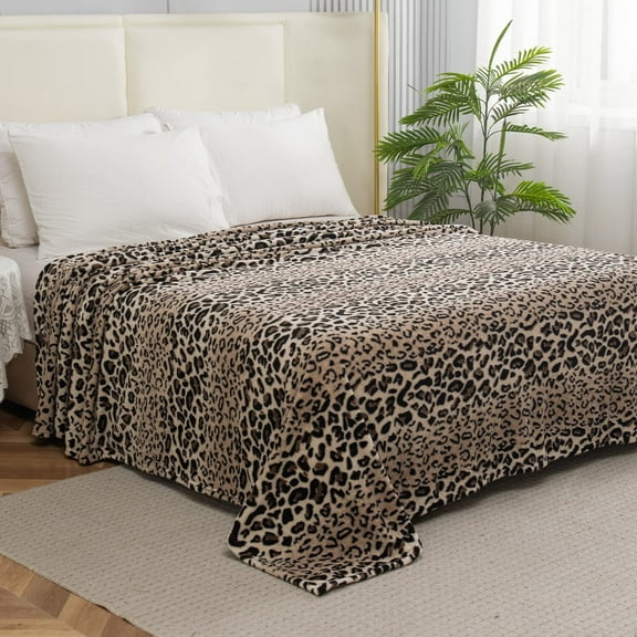 Mocassi Flannel Fleece Throw Blanket, Leopard Print, Lightweight and Cozy Material, All Season Suitable, King/California King Size