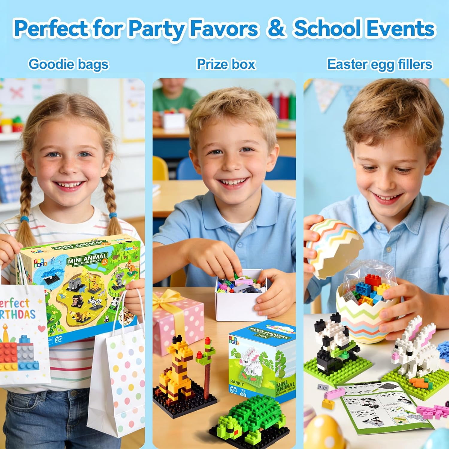 Fun Little Toys 12 Pack Mini Animal Building Blocks, Individually Boxed No Duplicate Zoo Brick Toys, Perfect Party Favors Classroom Prizes Goodie Bag Birthday Gifts for Kids Ages 6-12