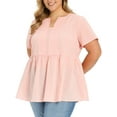 thumbnail image 4 of GRACE & GRANDEUR Women's Plus Size Easter Gingham Tops 100% Cotton Plaid Peplum Top Notch Neck Short Sleeve Summer Flowy Babydoll Blouse 1X Light Pink, 4 of 6