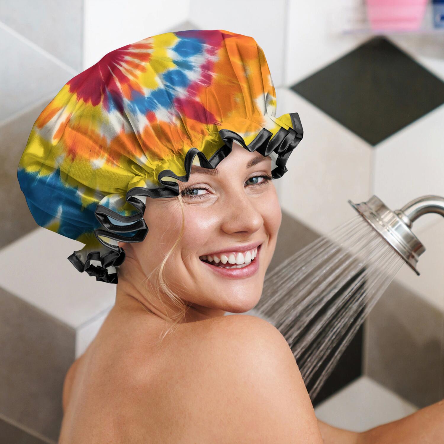 Shower Caps,Vibrant Tie Dye Spiral Waterproof Shower Cap for Women 4 Pieces,Double Reusable Hair Cover for Shower PEVA Elastic Stretch Hem
