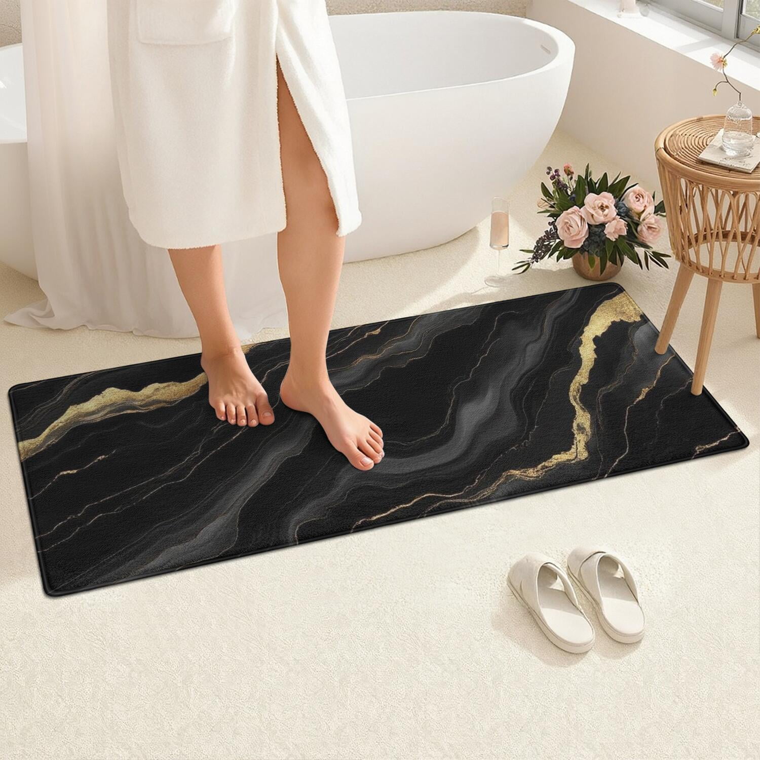 Black Gold Marble Pattern Bathroom Rugs Mat,Non Slip Microfiber Bathroom Rug,Rubber Backing,Soft Bathroom Mats for Bathroom Floor,Tub and Shower,60x24in(150x60cm)