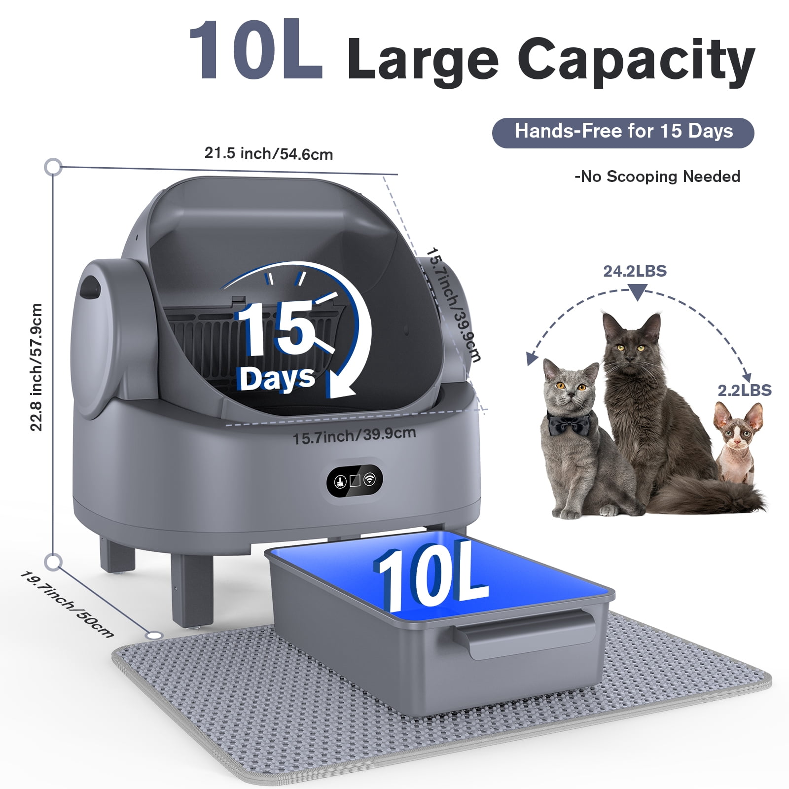 LUODIER Self-Cleaning Litter Box, Automatic Open-Top Cat Litter Box with App Control & Safety Sensors, Includes Litter Liners & Mat, Light Grey