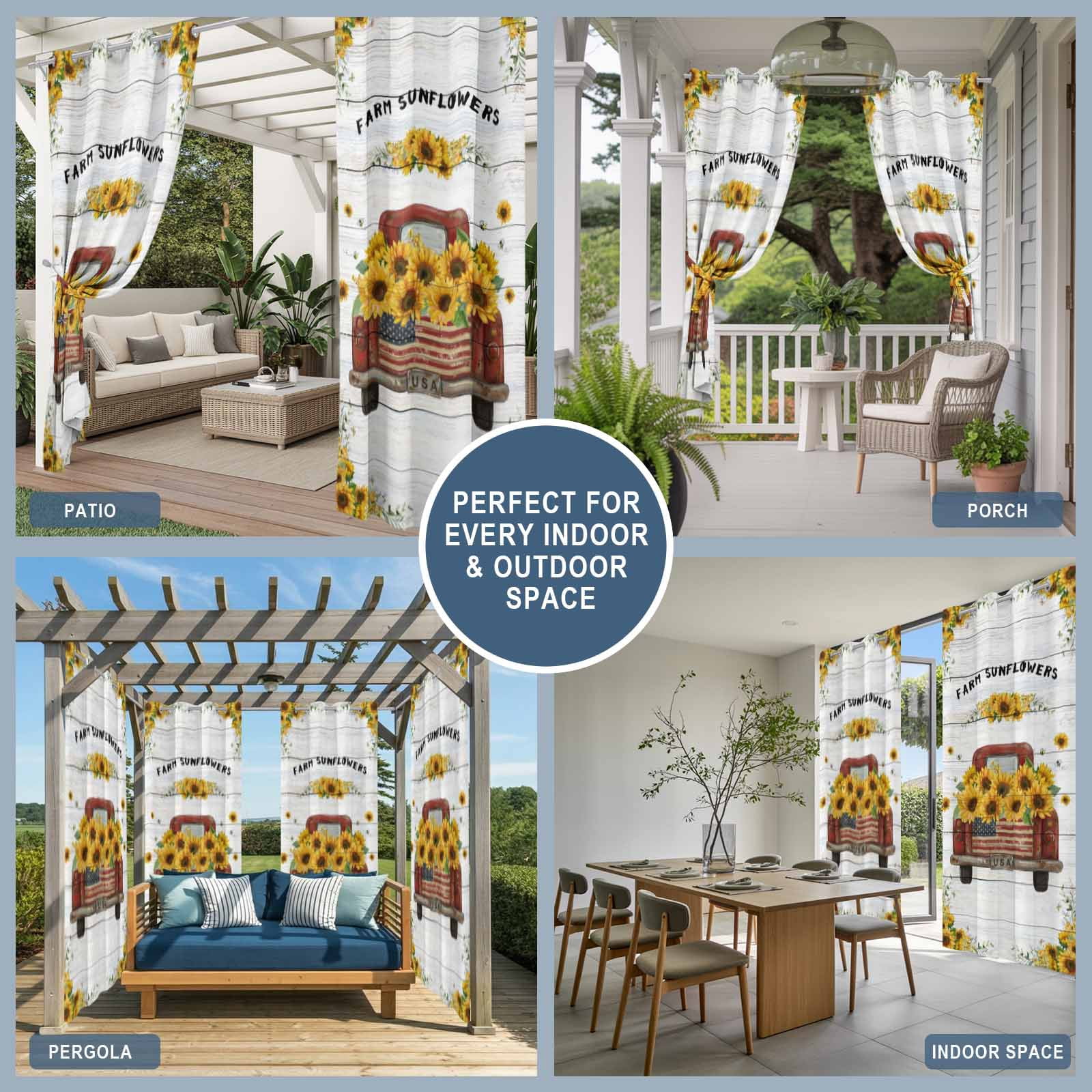 Outdoor Curtains for Patio Waterproof, Sunflower Truck Outdoor Privacy Panels Grommet, Summer Botanical Elegant Pastoral Floral Wooden Blackout Outside Curtains for Porch/Cabana 54"x108", 2 Panels