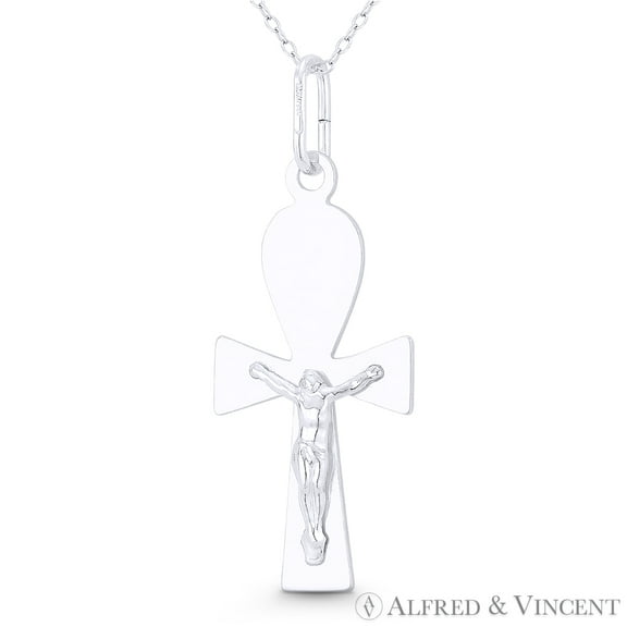 Jesus Christ on Egyptian Ankh Key-of-Life Cross Charm Pendant in .925 Sterling Silver