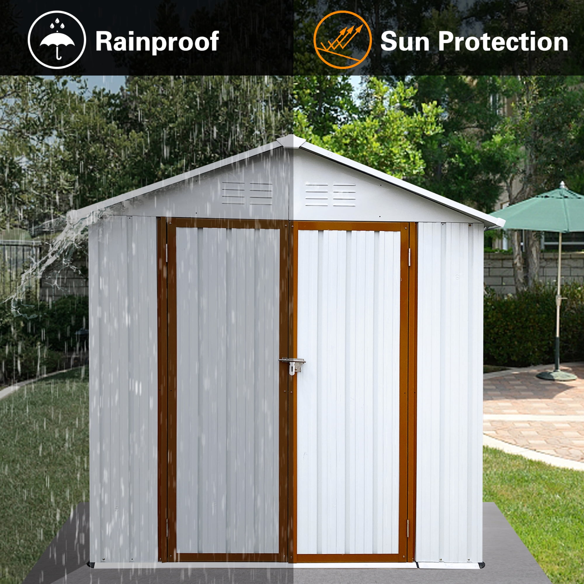 Outdoor Storage Garden Sheds 6FTx4FT Apex Roof Lockable Doors for Backyard White+Yellow