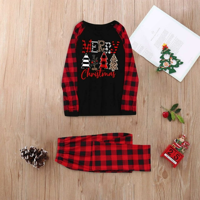 LSLJS Christmas Pajamas Set for Family Sleeve Christmas Printed Sleepsuits Red Plaid Top and Pants Sleepwear Sets, Christmas Family Pajamas Matching Sets