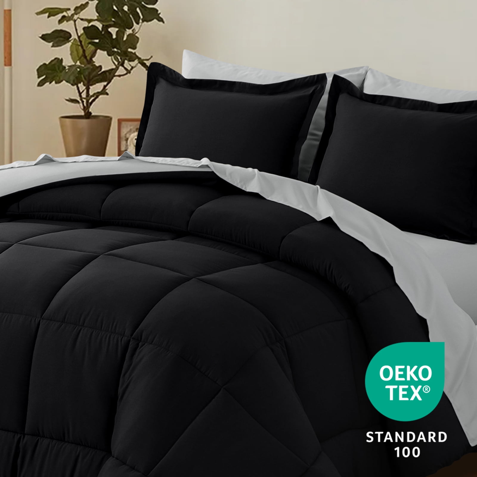 RUIKASI 7 Pieces Black/Light Grey King Bed Comforter Set with Sheets - Bed in a Bag with Comforter and All Season Sheets, Pillowcases