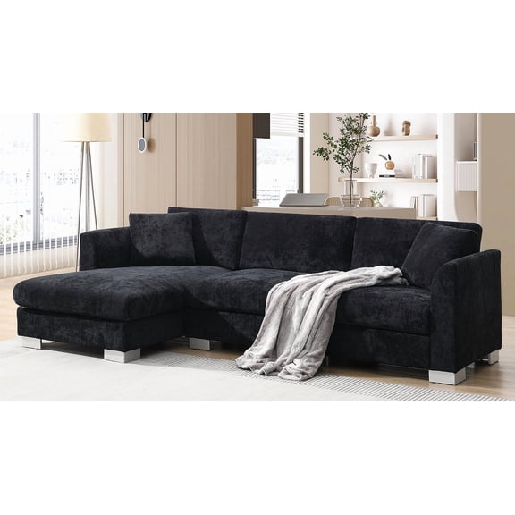 96" Modern Cloud Sectional Sofa L-Shape 4-Seat Luxury Chenille Couch with Oversized Chaise & 2 Pillows | Indoor Living Room, Apartment, Office Furniture | Durable, Comfortable | Black