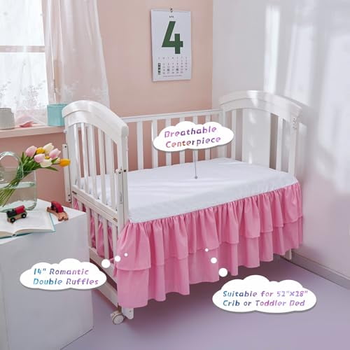 Pink Crib Bed Skirt 14 in Deep Drop Dust Ruffle Double Layer Microfiber Nursery Bedding Skirt for Baby Girls
