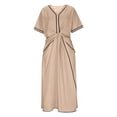 thumbnail image 6 of ClodeEU Women's Summer Boho V Neck Cotton Tunic Dress ,Casual Loose Short Sleeve Midi Long Beach Dress Khaki,Womens Plus S, 6 of 7