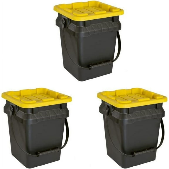 Black & Yellow®, 5-Gallon Heavy Duty Bucket Tough Storage Container & Snap-Tight Lid, (14.9”H x 12”W x 13”D), Weather-Resistant Design and Stackable Organization Tote [3 Pack]