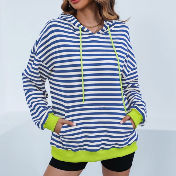 QUINDOS Womens Hoodies Striped Tunic Women's Sweatshirts Casual Long Sleeve Graphic Crew Neck Pullover Tops