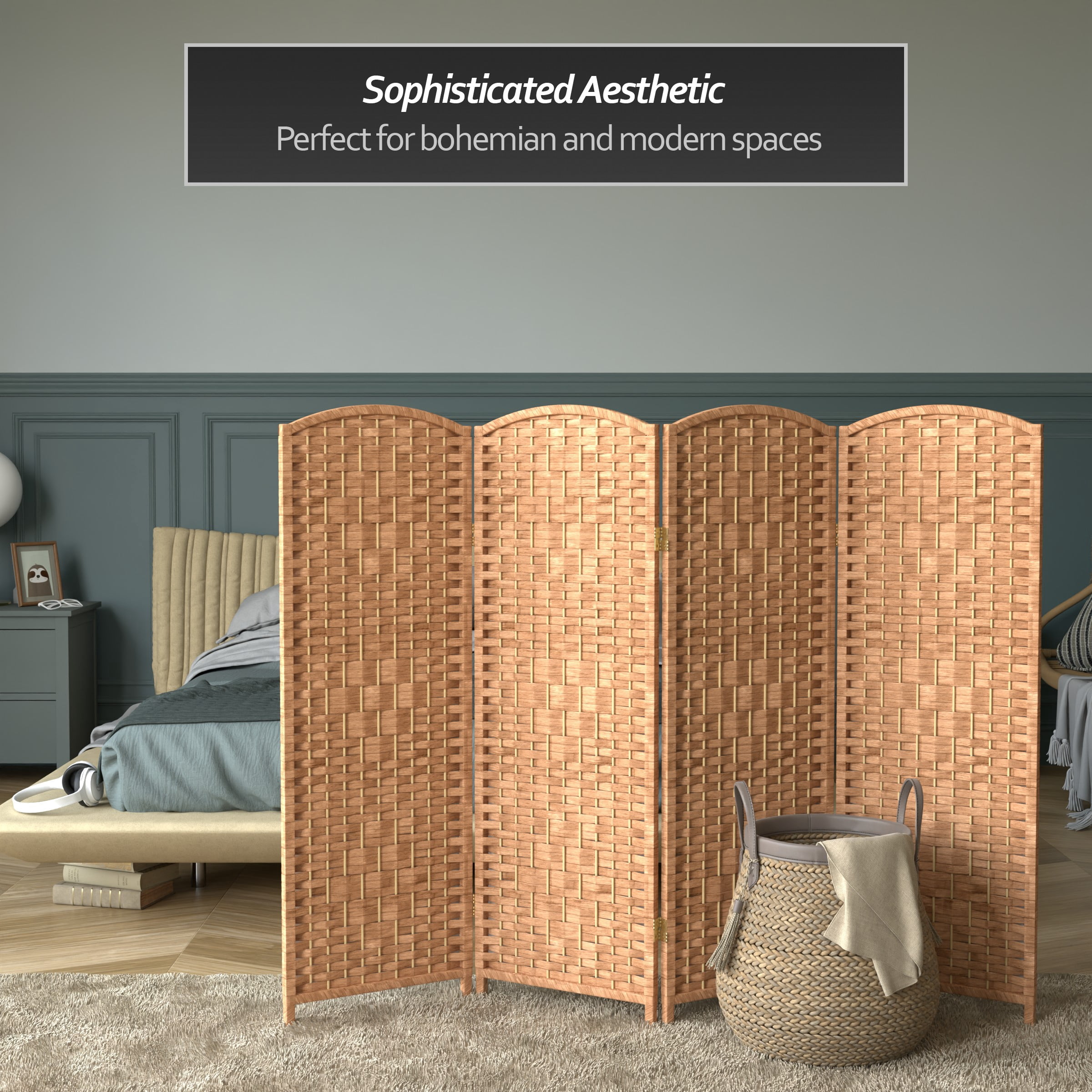 Red Lantern 4 ft. Short Diamond Weave Fiber Folding Screen - Natural - 4 Panel