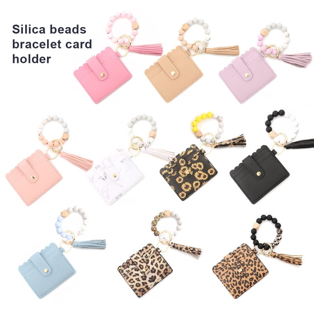 Xingzhi Women Keychain Bag with Tassel Wallet Fashion Key Chain Snap Button Card Holder Bangle Bracelet Keyring Pendant Accessory Leopard