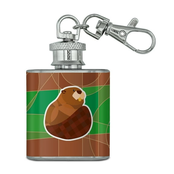 Beaver with Plaid Tail Stainless Steel 1oz Mini Flask Key Chain