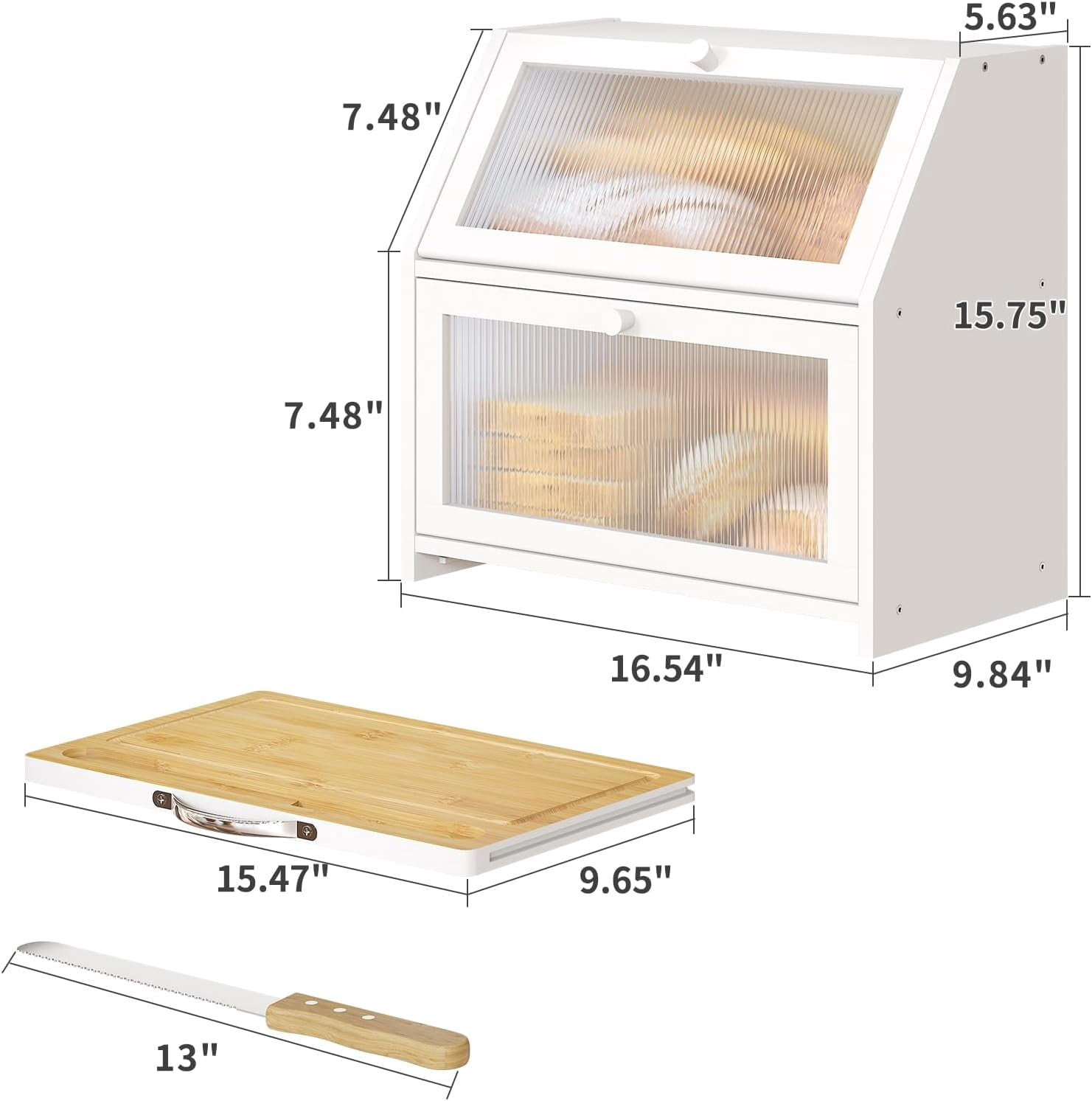 Extra Large Bread Box with Cutting Board Bamboo Wood Bread Box for Kitchen Counter, Double Layer Large Capacity Bread Storage Bin with Acrylic Wavy Door Panel