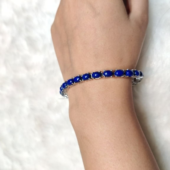 925 Sterling Silver Certified Natural Blue Lapis Lazuli Gemstone Tennis 7 inches Handmade Bracelet