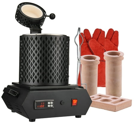 KFFKFF Electric Gold Melting Furnace, 1350W, 2102 ℉ Max Temperature, Digital Furnace with 1 kg and 3 kg Ceramic Crucibles, Tongs, and Heat-Resistant Gloves, Suitable for Gold, Silver, Aluminum