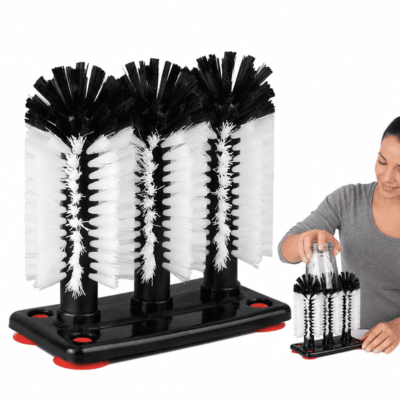 Cup Brush,Cup Cleaner,Cup Scrubber,3 Head 360 Degree Wrap Around Glass Cup Washer with Suction Base, Cleaning Brush for Water Bottles, Beer Cups, Wine Glasses, Mugs and Kitchen Bar Sink Use