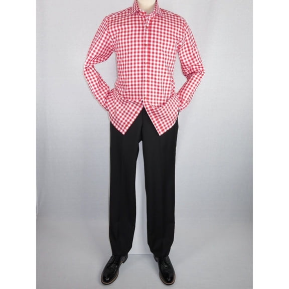 Men Oscar Banks All Cotton Shirt English Spread Collar Plaid Checker 5949 Red