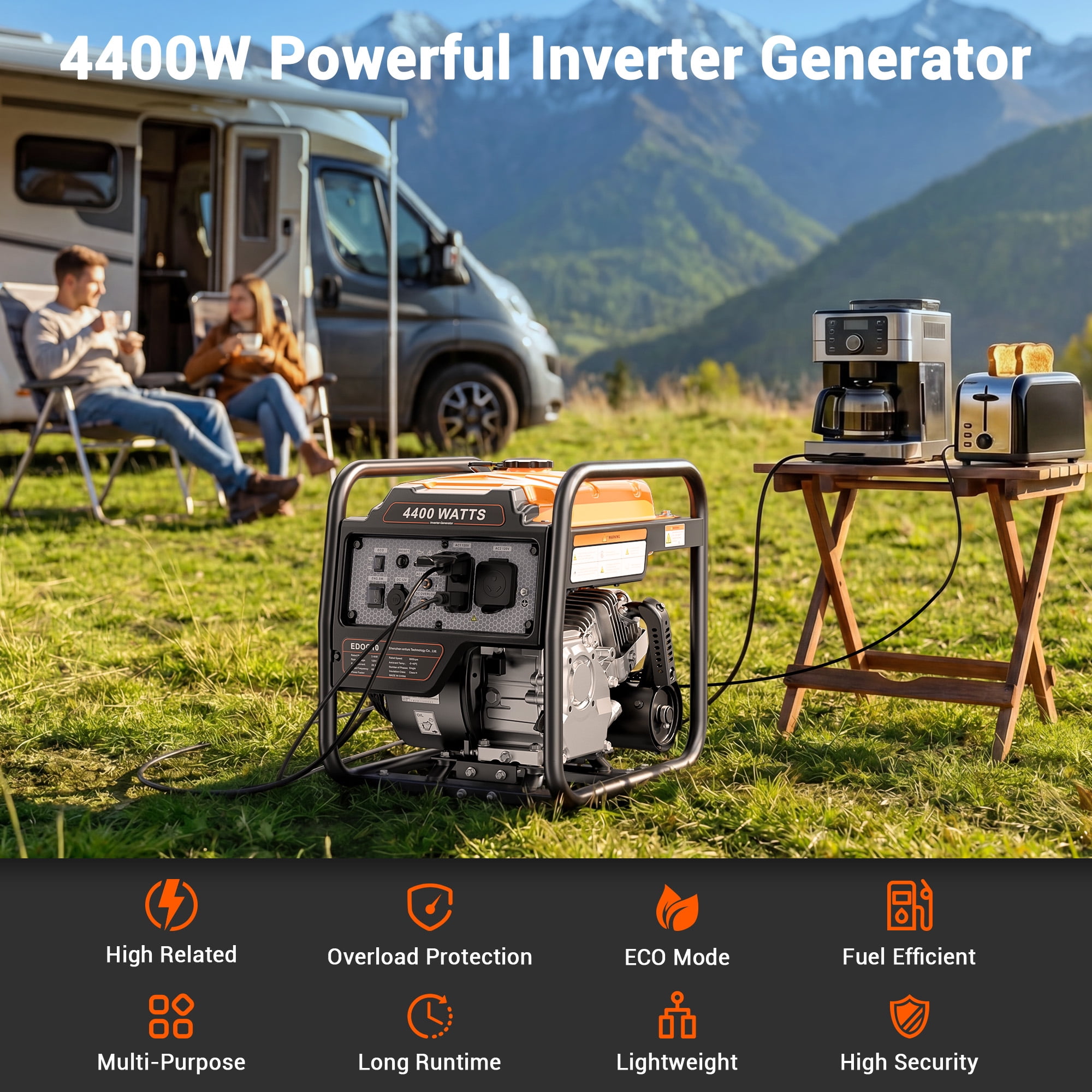 Efurden 4400-Watt Portable Inverter Generator, Gas Powered Generator with ECO Mode for Home Use and Camping, RV Ready, Low Noise