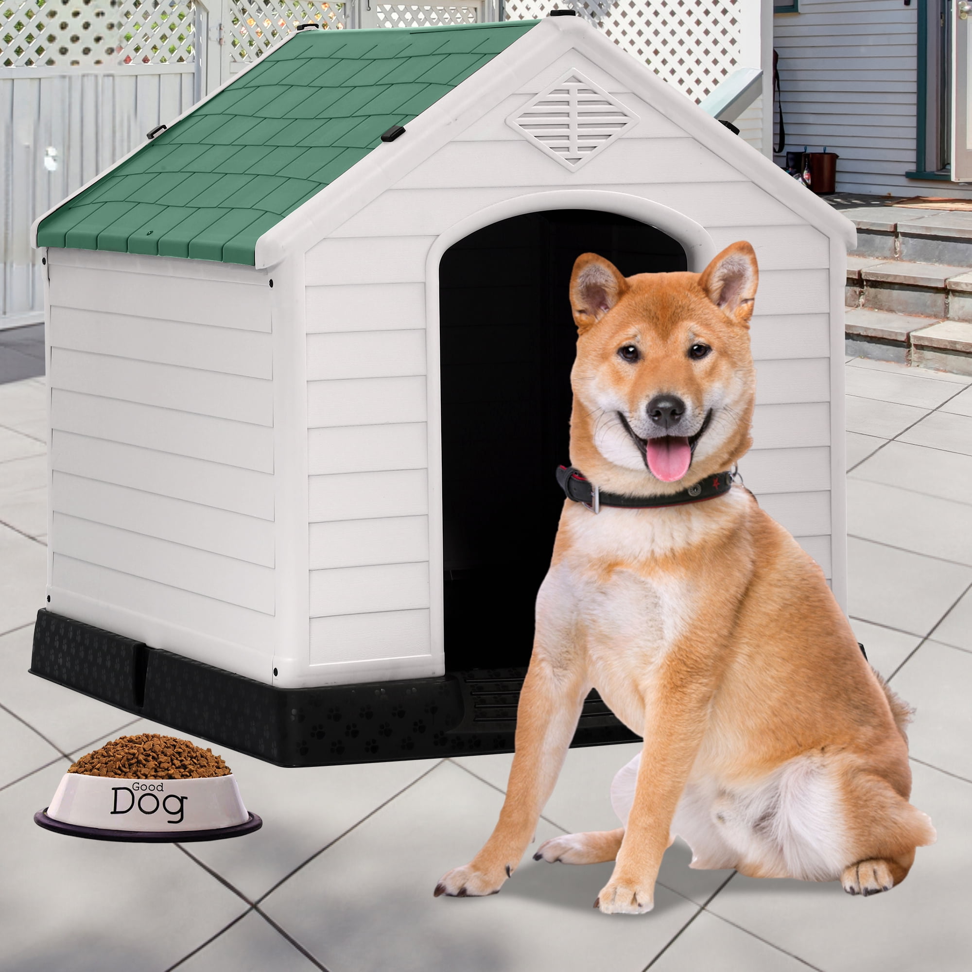 CL.HPAHKL Large Dog House Indoor Outdoor, Plastic Dog House for Small to Large Siza Dogs Durable Waterproof Doghouse with Elevated Floor and Air Vents, Easy to Clean (39" L x 41" W x 37.5" H, Green)