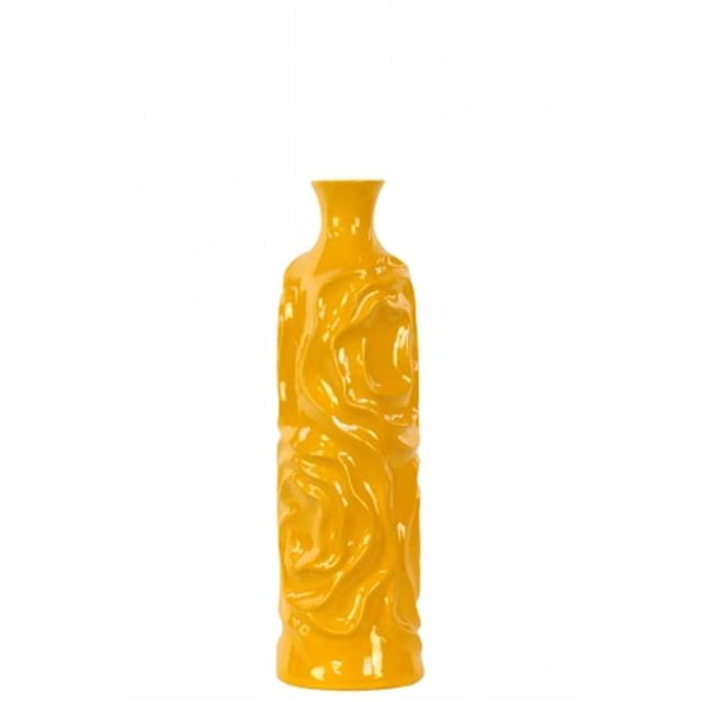 Urban Trends Collection 24457 Ceramic Round Cylindrical Vase With Neck & Wrinkled Sides- Medium - Yellow