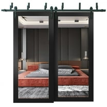 Sliding Closet Barn Bypass Doors 36 x 96 inches | Lucia 1299 Matte Black with Mirror | Sturdy 6.6ft Rails Hardware Set | Wood Solid Bedroom Wardrobe Doors