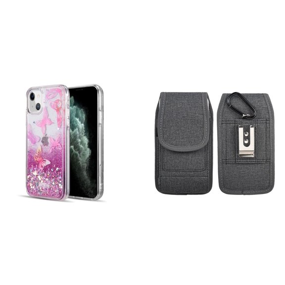 Liquid Glitter Case for iPhone 14 and Belt Holster Pouch (Pink Butterfly/Gray)
