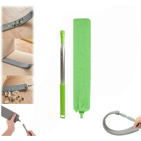 Retractable Gap Dust Cleaner with Reusable Microfiber Cloths,Extendable Duster Brush for Under Furniture, Couch, Ceiling & Blinds,Washable Cleaning Tool for Hard-to-Reach Areas(Green,4.43in)