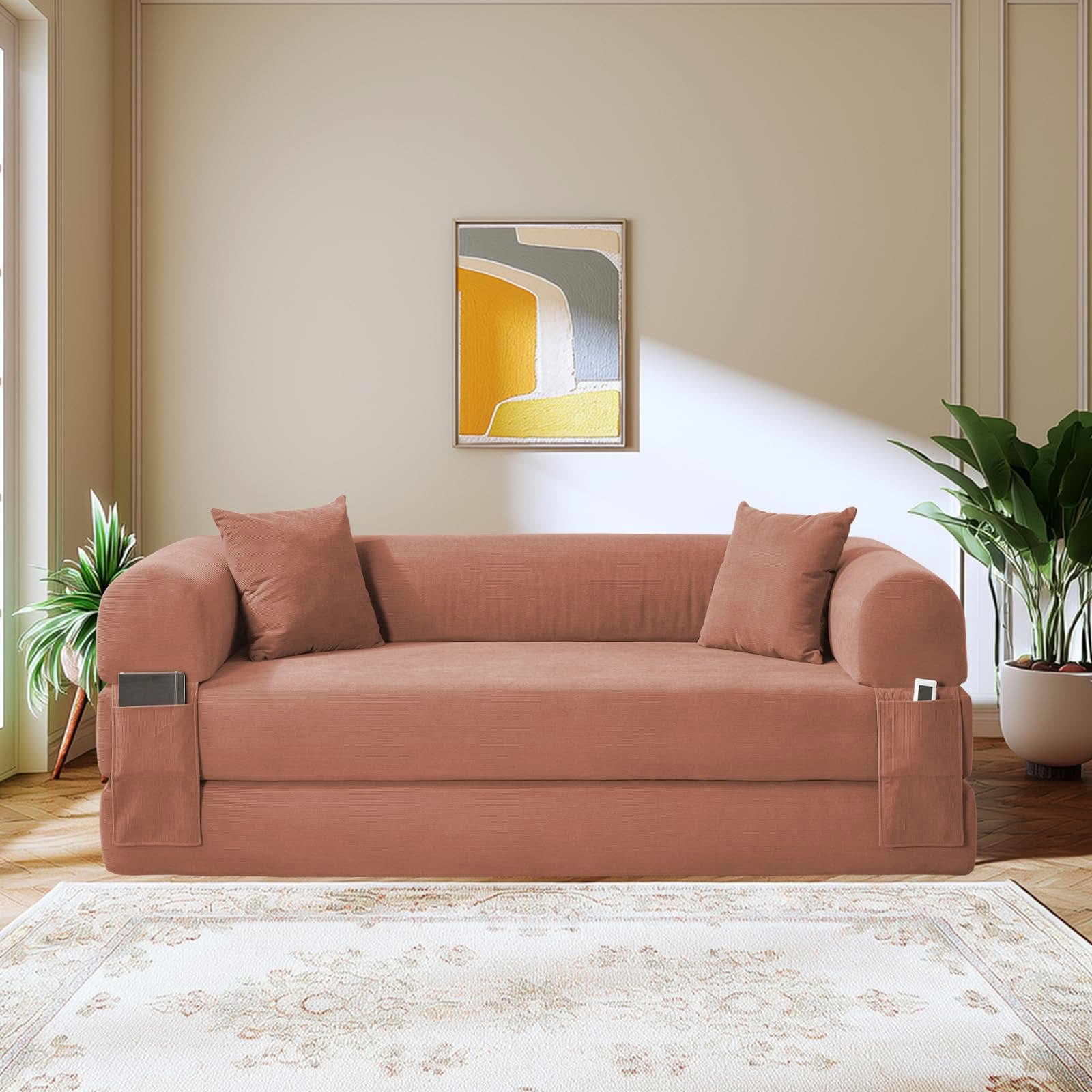 MAYEERTY 80" Pink Corduroy Convertible Sofa Bed, 600lbs Queen Size Fold Out Sleeper Couch with Storage & No Assembly for Living Room