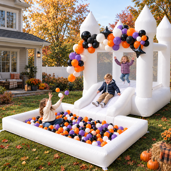 White Oxford Fabric Bounce House with Ball Pit for Indoor & Outdoor Use – Inflatable Jumping Castle, Blower Not Included