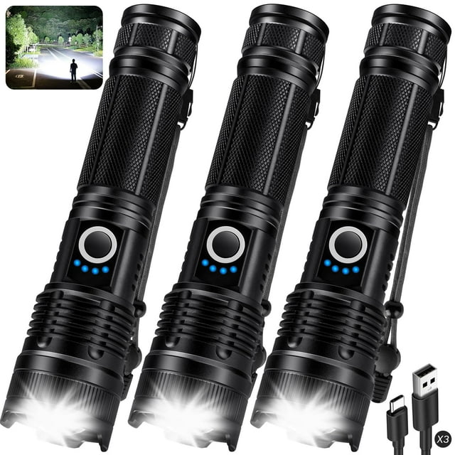 KINGCAESAR Linternas recargables 3 unidades, 90000 lúmenes, 5 modos, IPX7