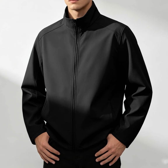 Fall Jackets for Men Windbreaker Stand Up Collar Full Zipper Solid Color Fashion Casual Outerwear with Pockets Black S